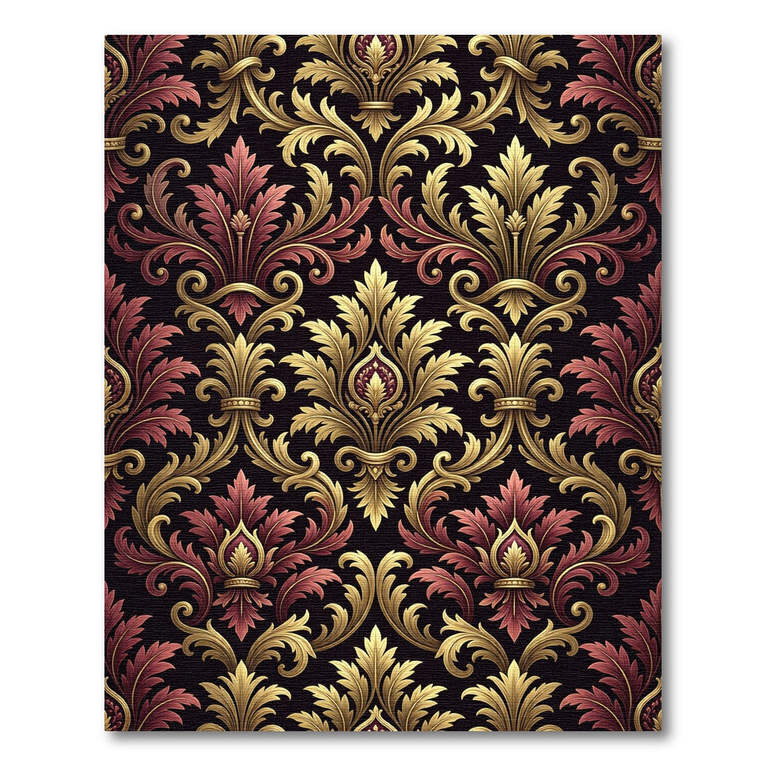 Ornate Damask Gold and Burgundy Foliage Rug