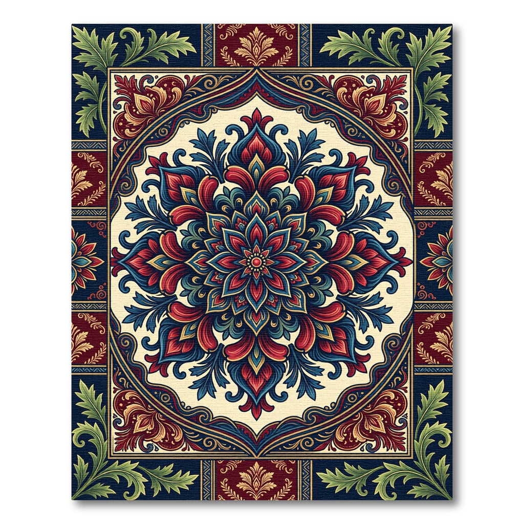 Vivid Crimson Blue Floral Mandala Art Rug