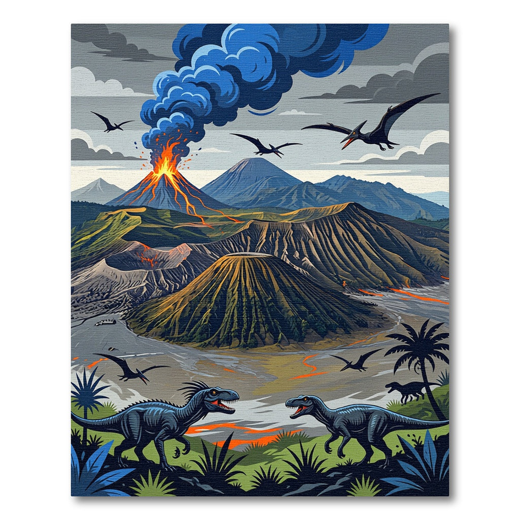 Volcanic Dinosaur Landscape Mountain Art Rug