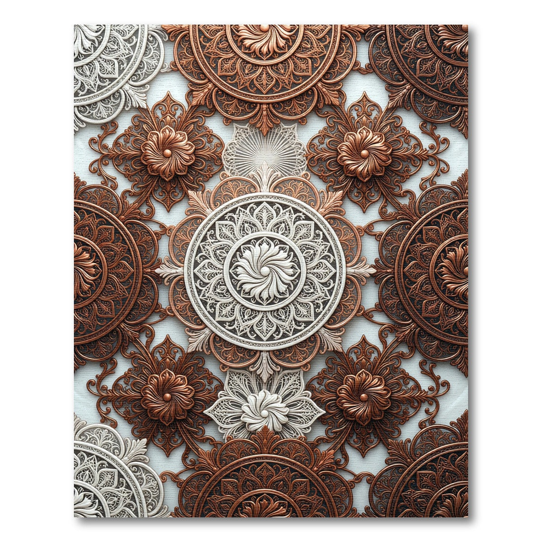 Ornate Copper White Floral Medallion Rug