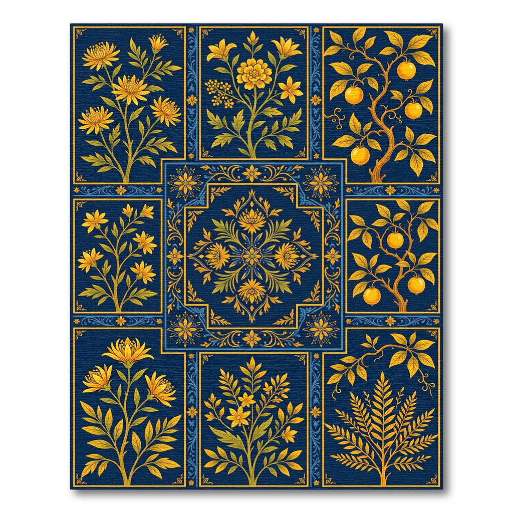 Golden Floral Botanical Navy Tile Collage Rug