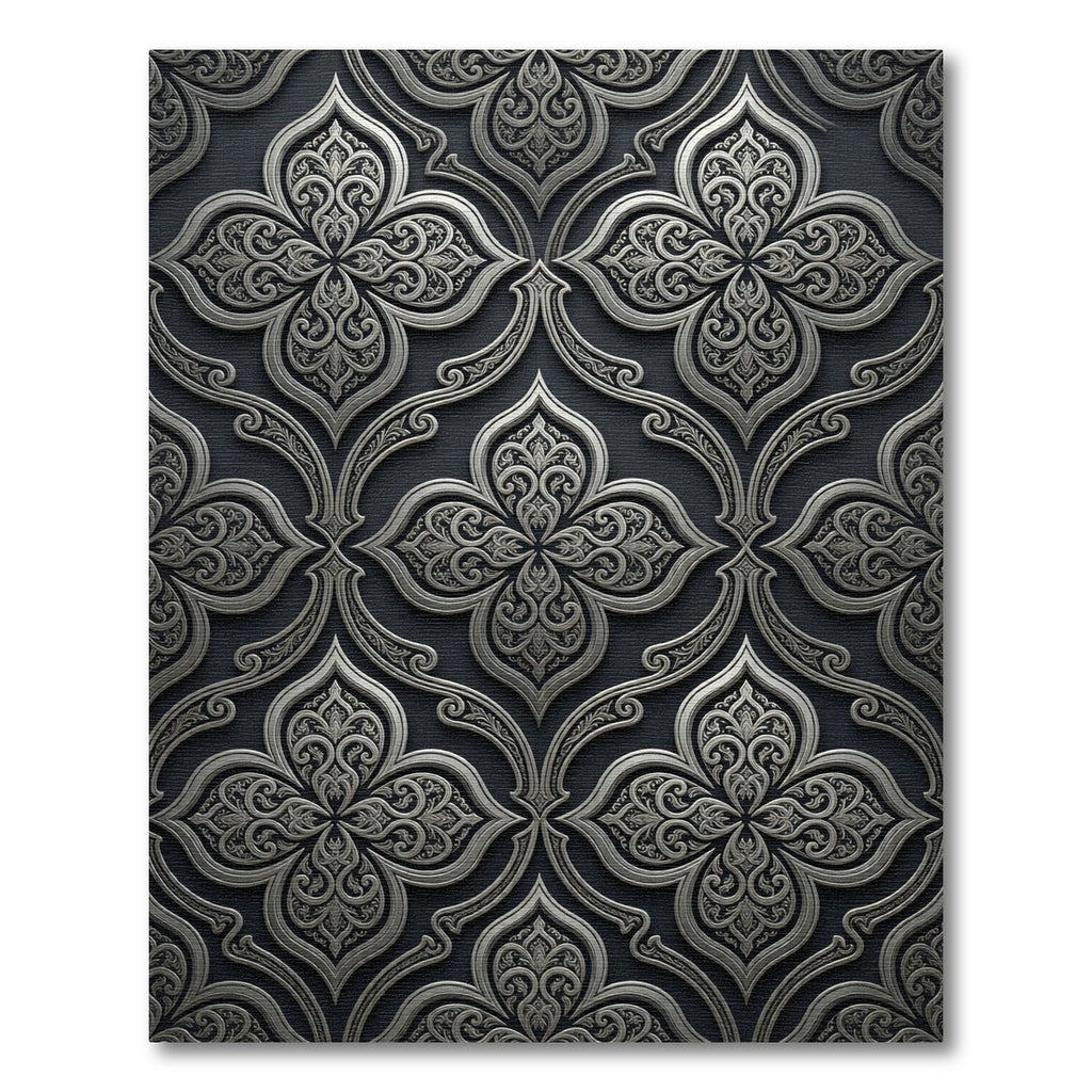 Elegant Silver Ornate Damask Scroll Rug