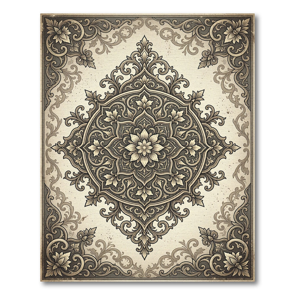Ornate Taupe Floral Damask Medallion Rug