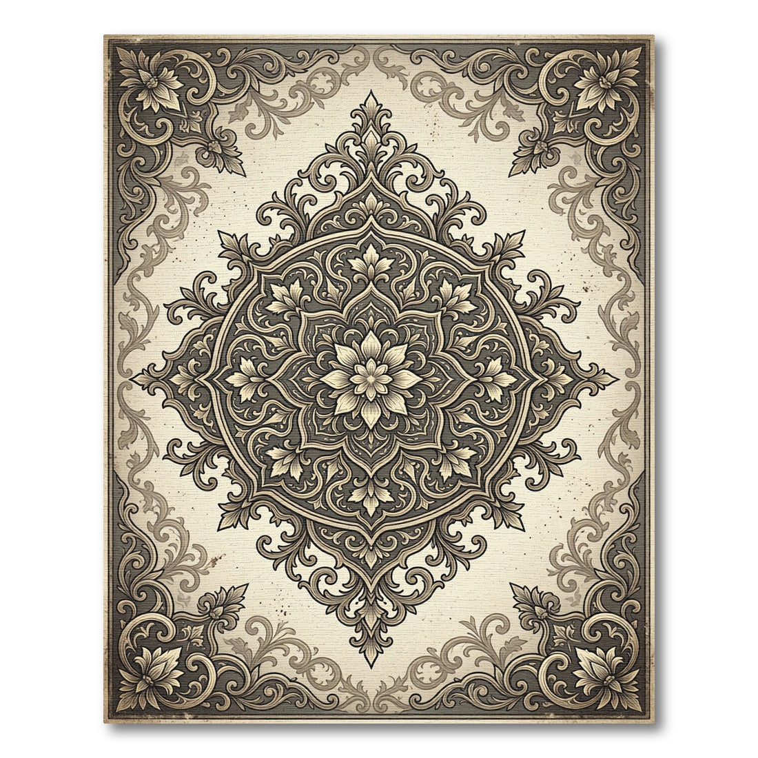 Ornate Taupe Floral Damask Medallion Rug