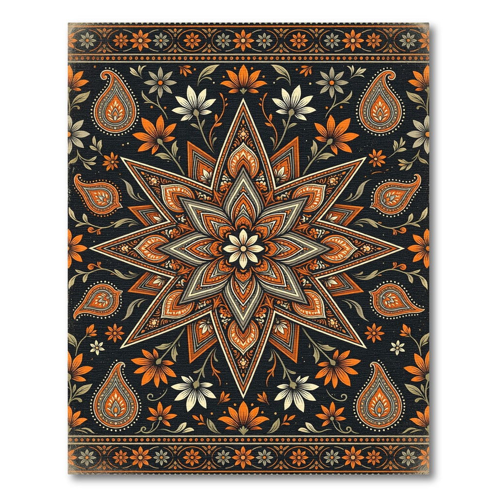 Orange Black Floral Starburst Mandala Rug