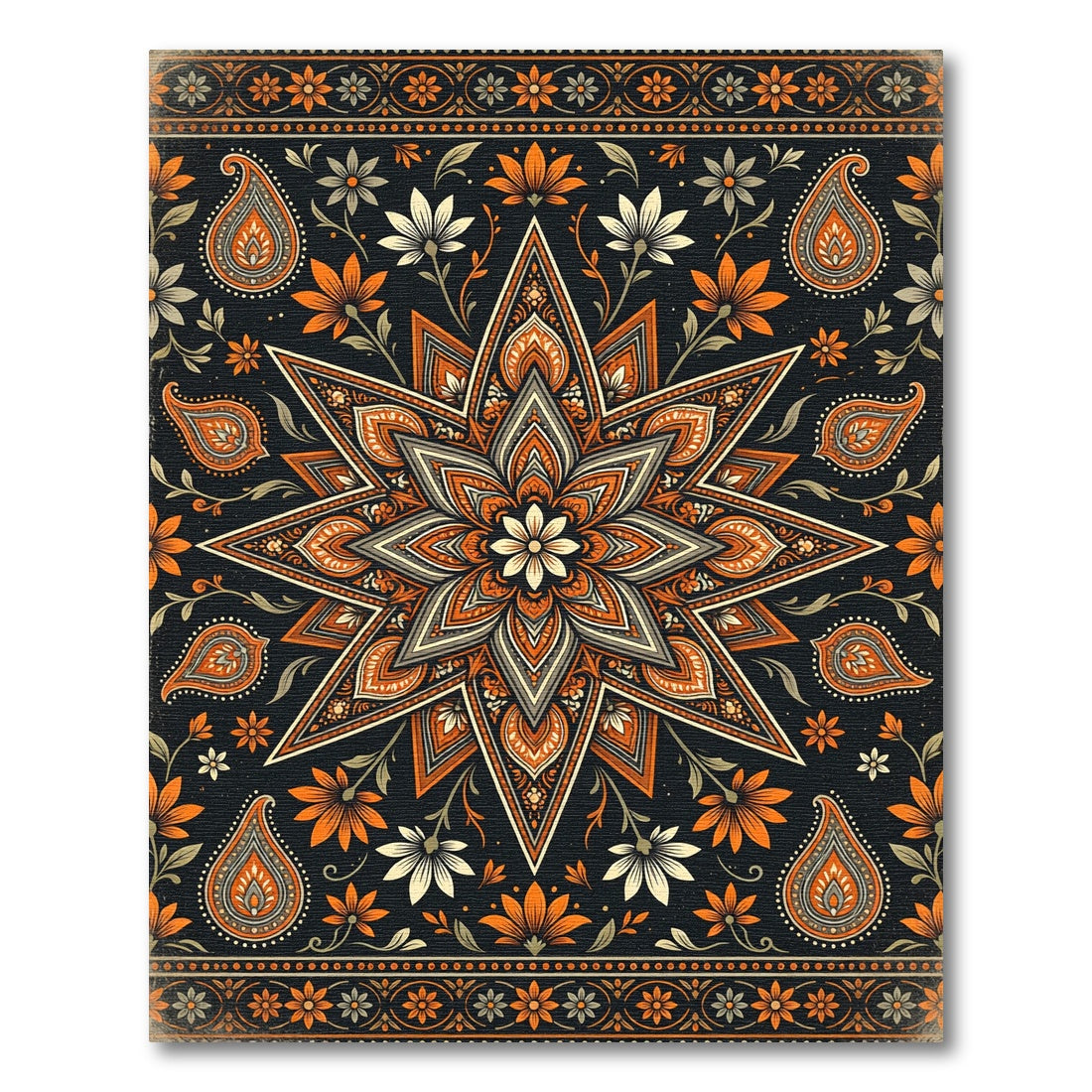 Orange Black Floral Starburst Mandala Rug