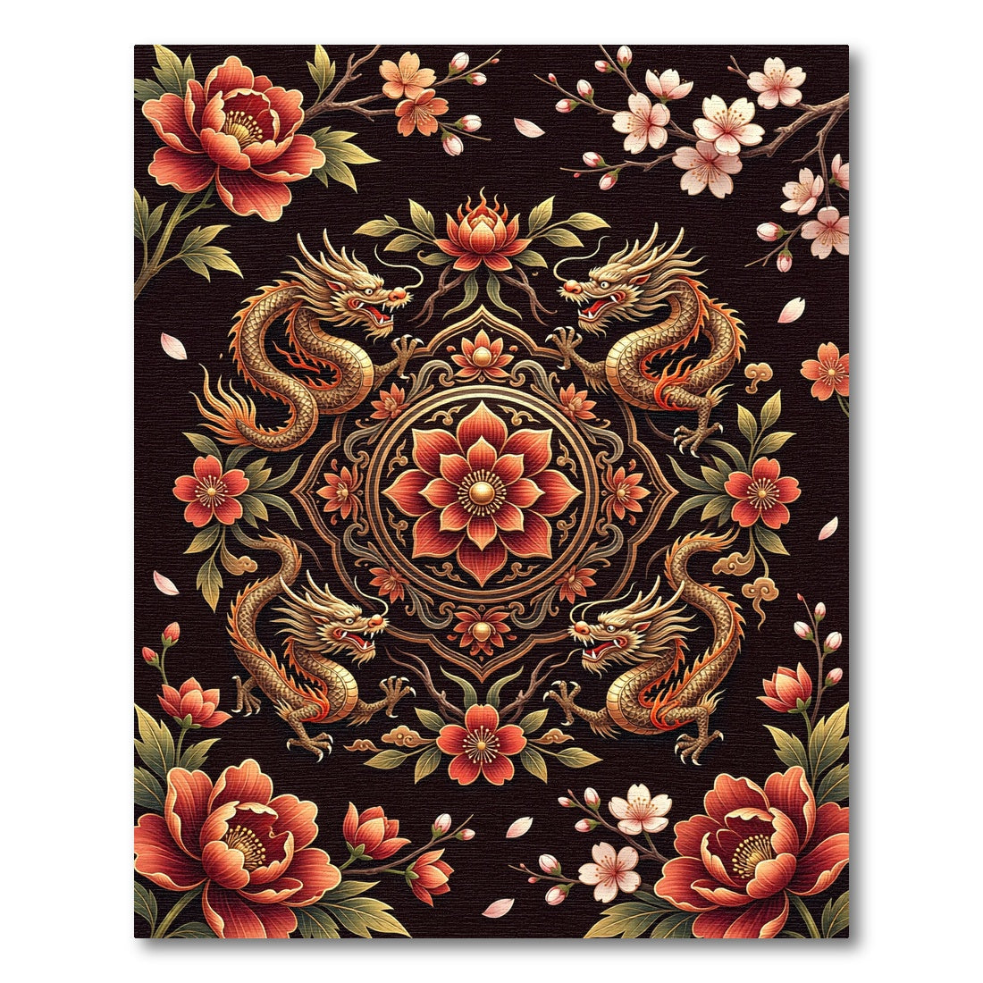 Golden Dragon Lotus Floral Medallion Rug