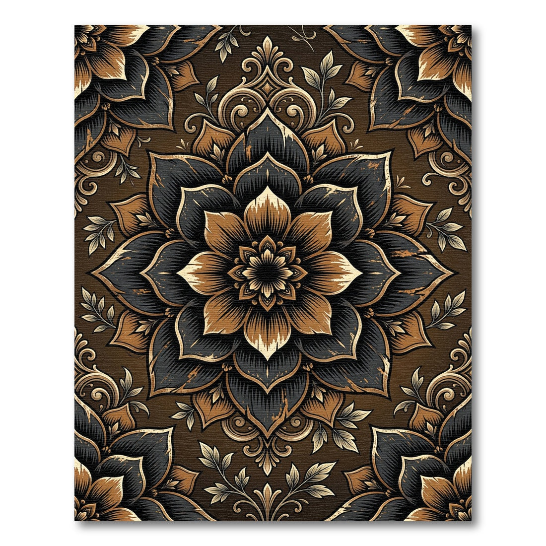 Black and Gold Floral Mandala Rug