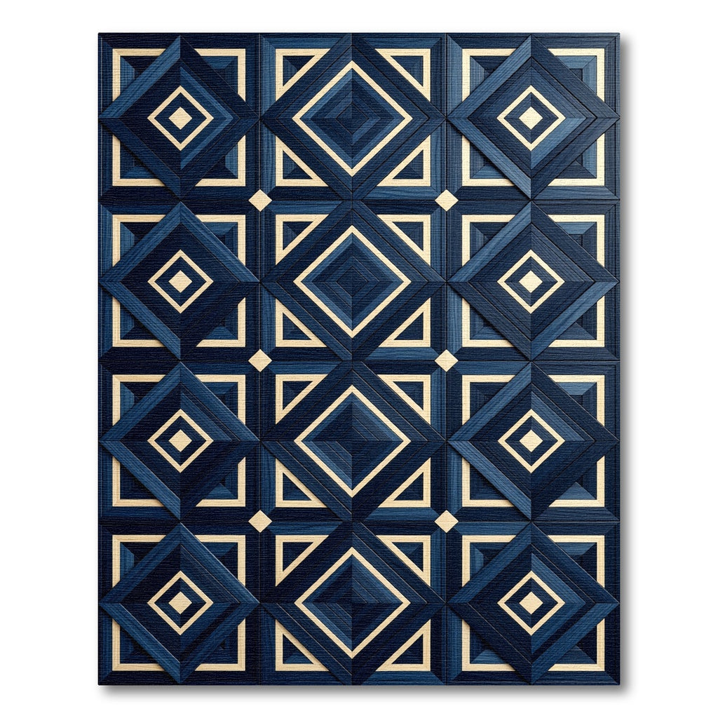 Deep Blue Ivory Diamond Geometric Rug