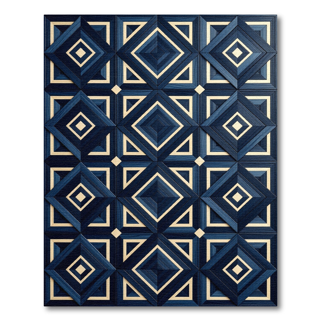 Deep Blue Ivory Diamond Geometric Rug