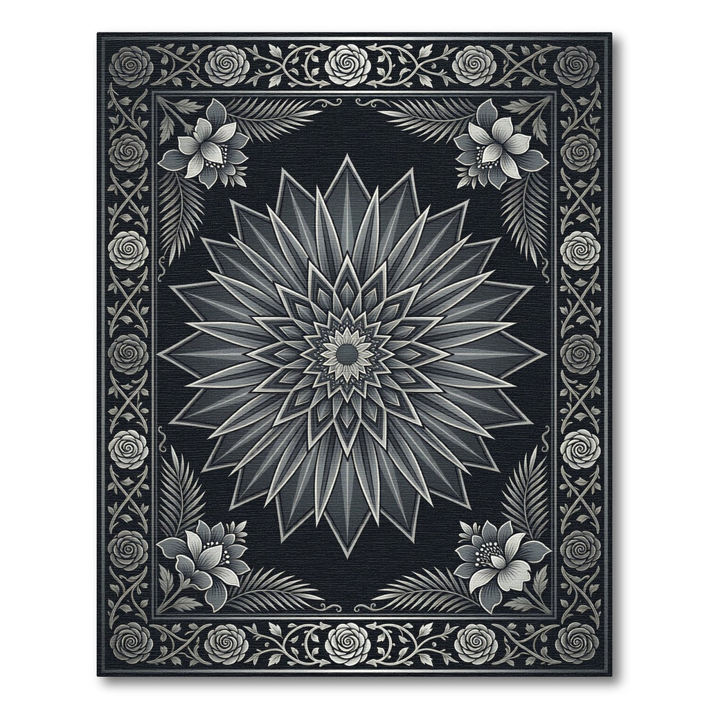 Monochromatic Floral Mandala Art Rug