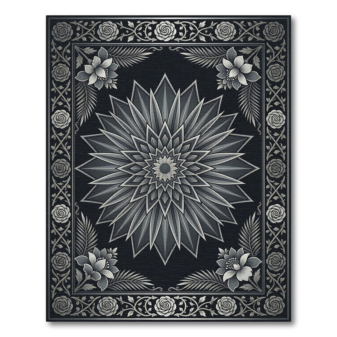 Monochromatic Floral Mandala Art Rug