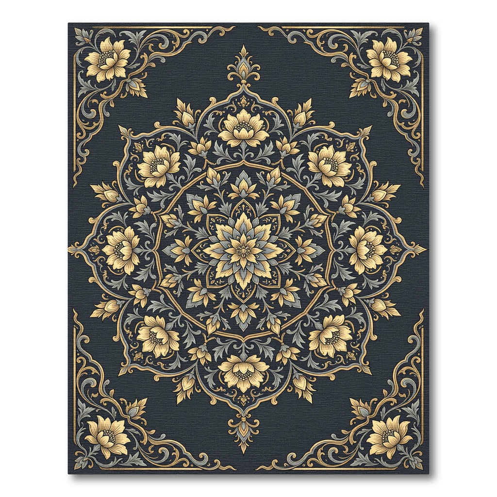 Elegant Golden Floral Mandala Midnight Slate Rug