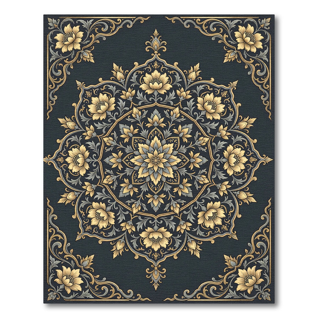 Elegant Golden Floral Mandala Midnight Slate Rug