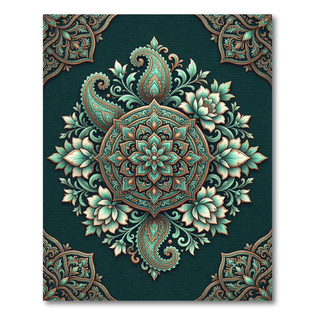 Teal and Gold Botanical Lotus Medallion Rug