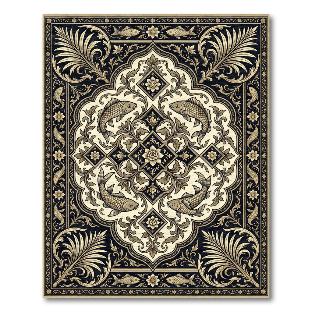 Ornate Black Gold Fish Medallion Rug