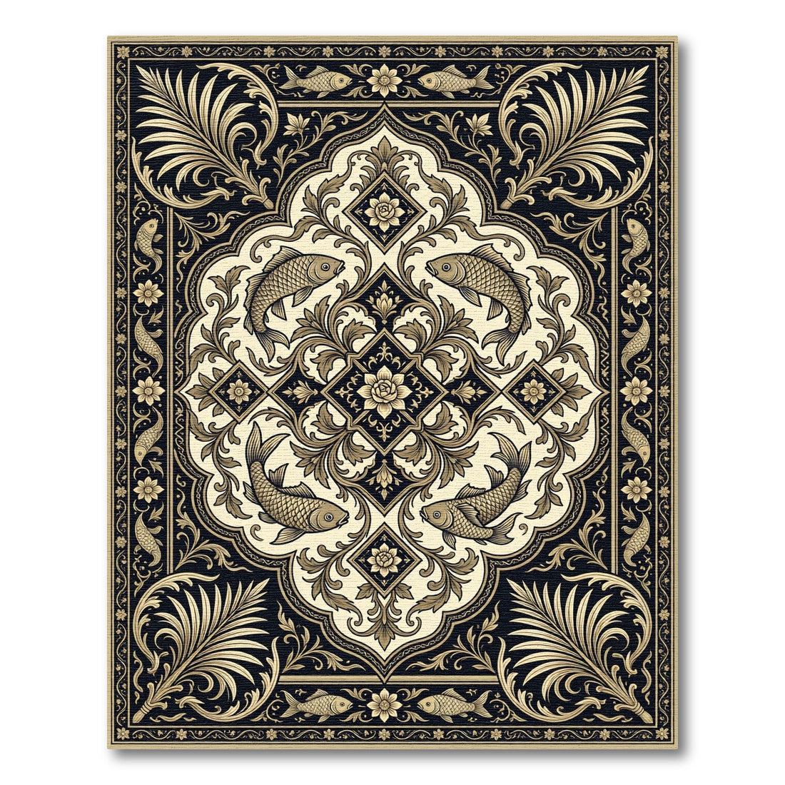 Ornate Black Gold Fish Medallion Rug