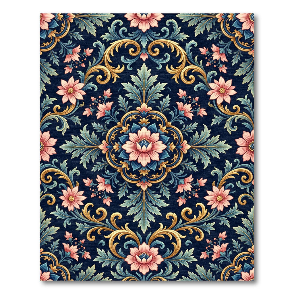 Ornate Navy Golden Floral Damask Art Rug