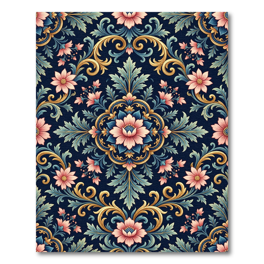 Ornate Navy Golden Floral Damask Art Rug