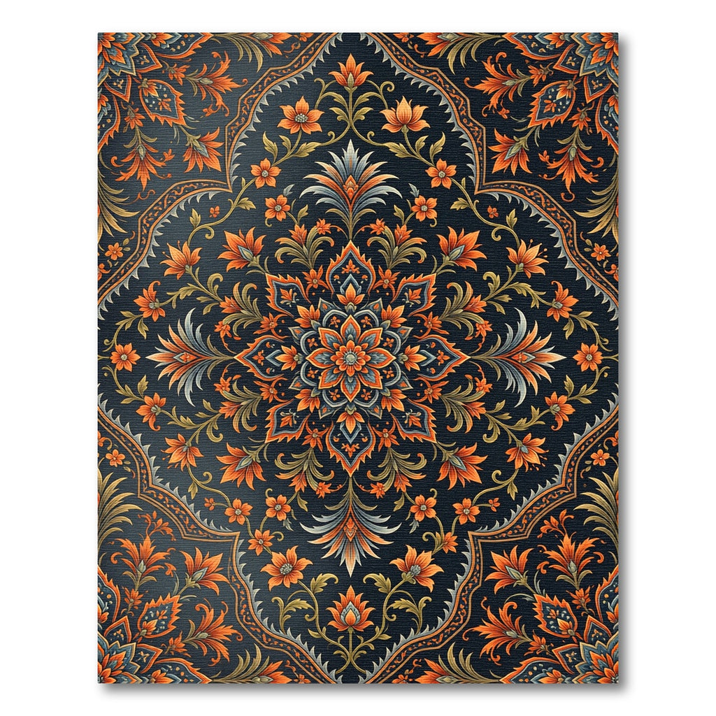 Midnight Navy Orange Floral Mandala Rug