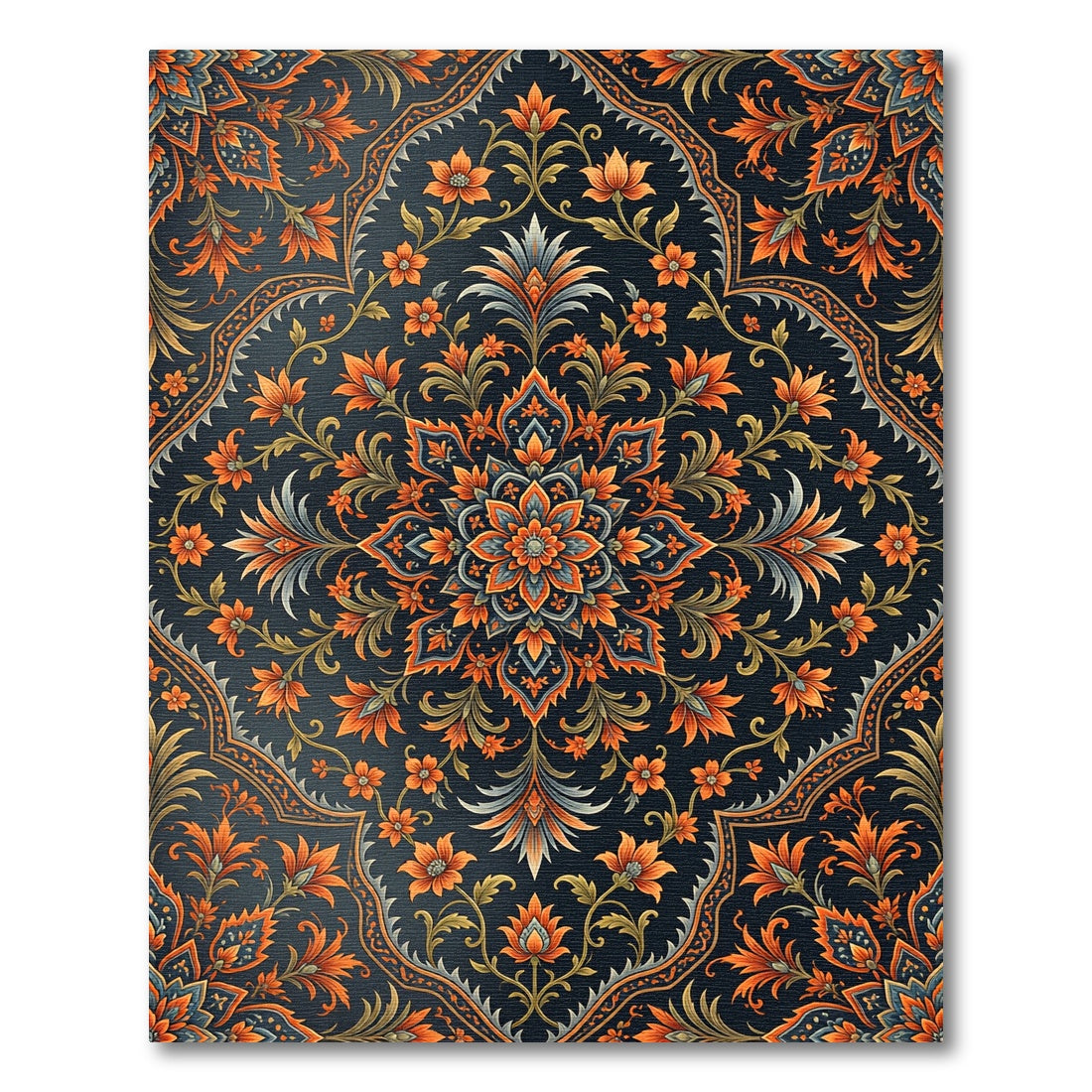 Midnight Navy Orange Floral Mandala Rug