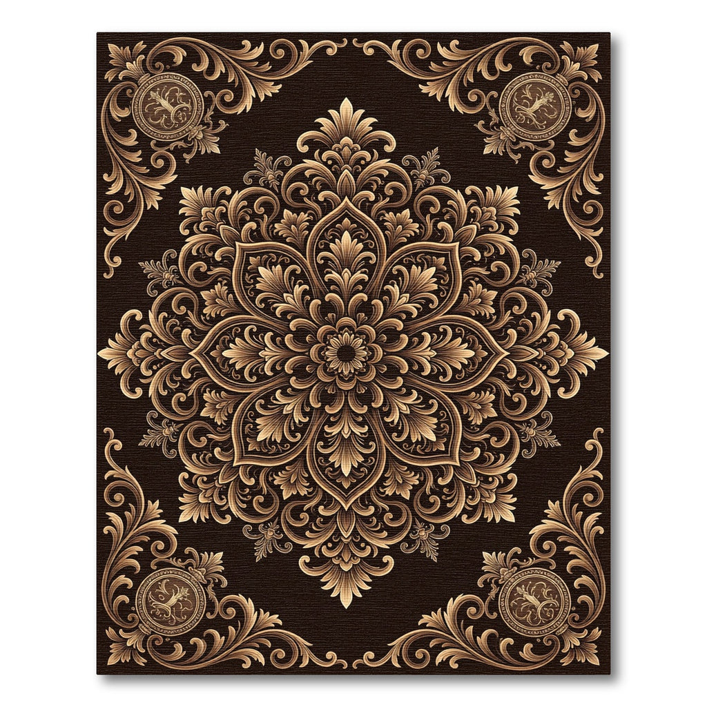 Ornate Golden Floral Damask Medallion Rug