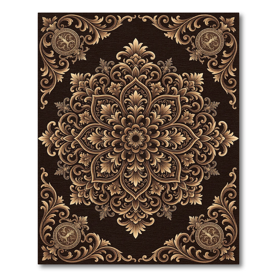 Ornate Golden Floral Damask Medallion Rug