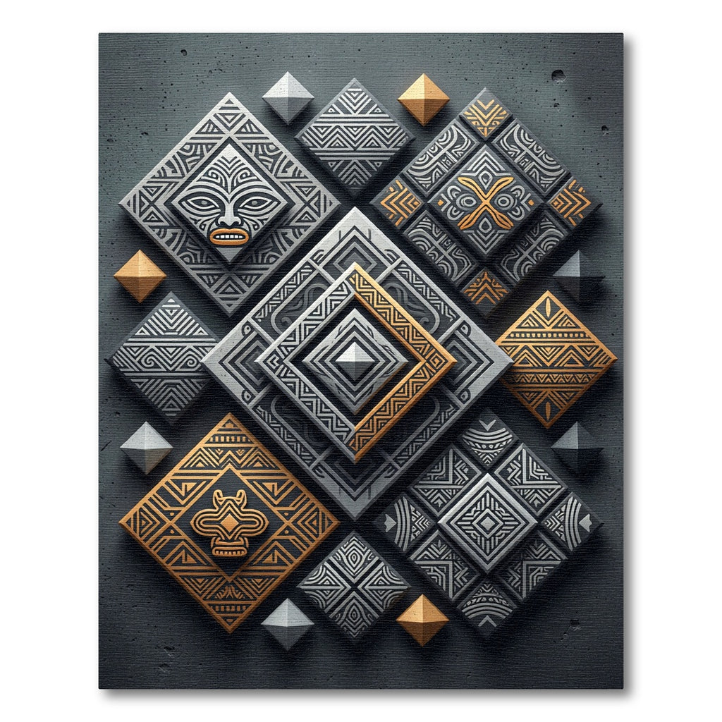 Geometric Tribal Face Gold Inlay Diamonds Rug