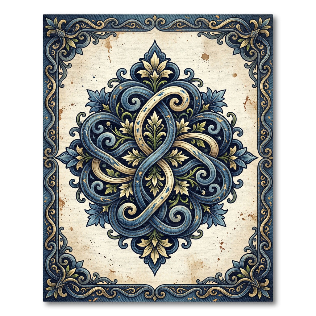 Vintage Blue Ornate Filigree Medallion Rug