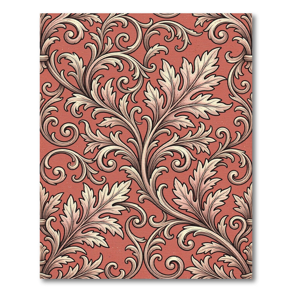 Ornate Coral Acanthus Leaf Scroll Rug
