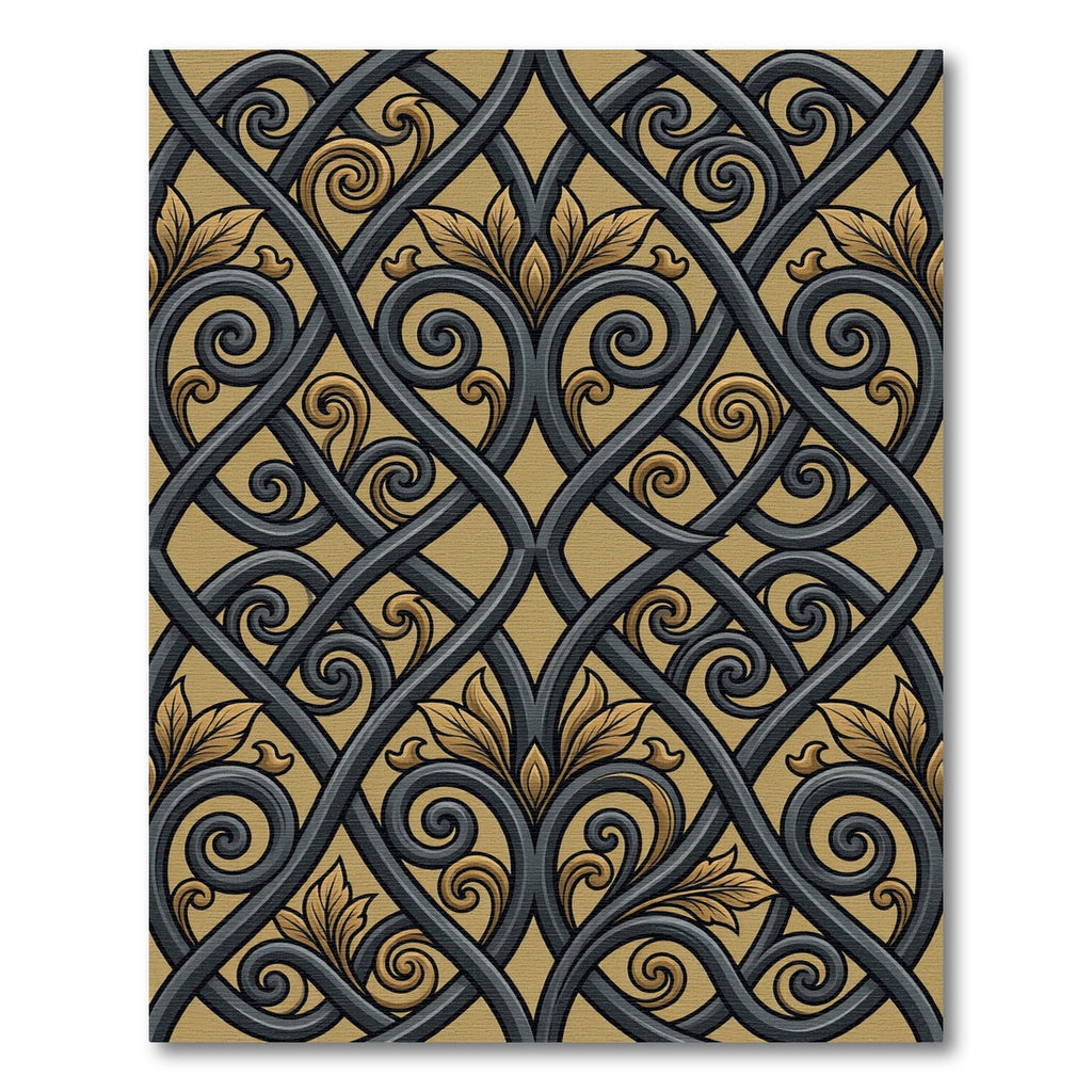 Ornate Black and Gold Ironwork Scroll Rug