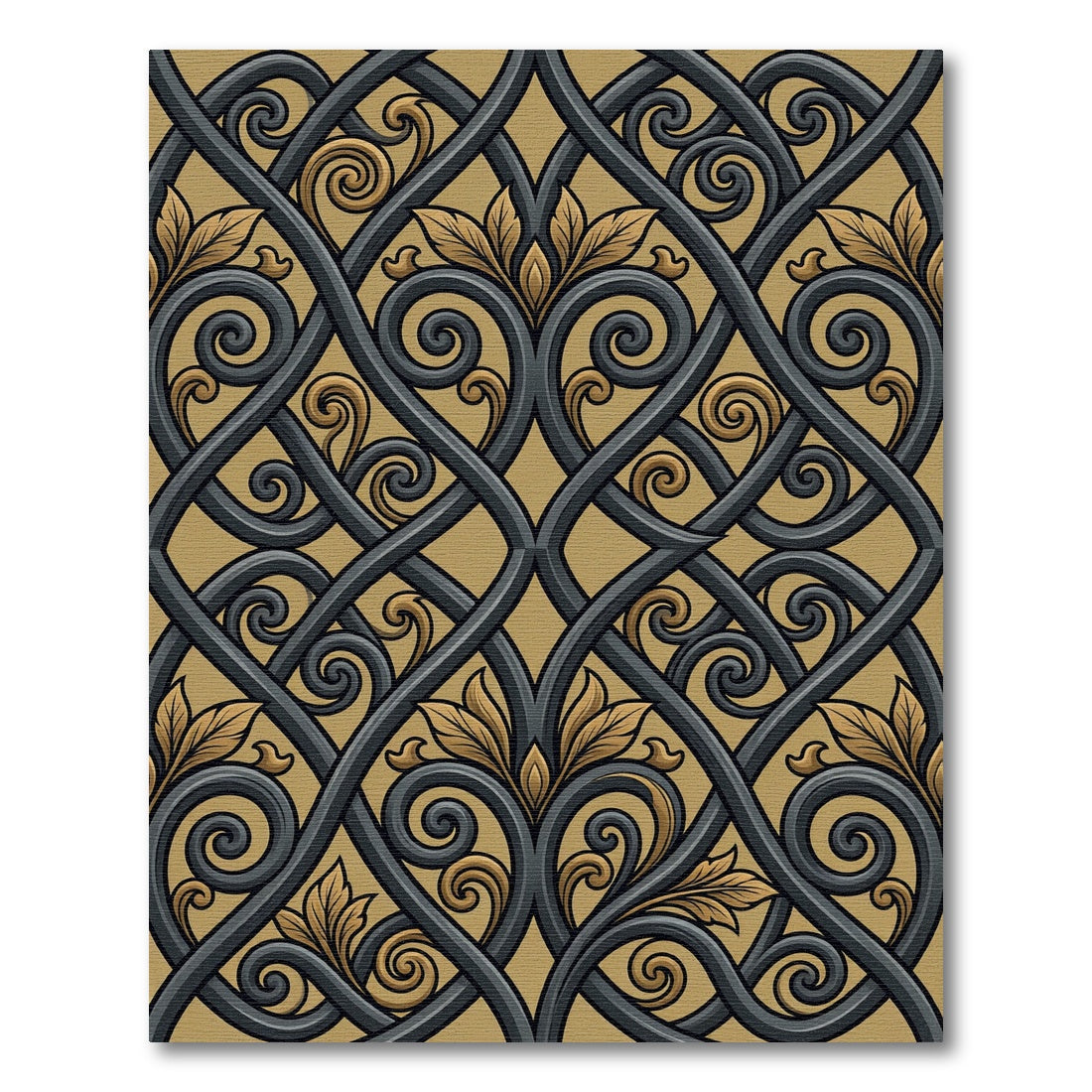 Ornate Black and Gold Ironwork Scroll Rug