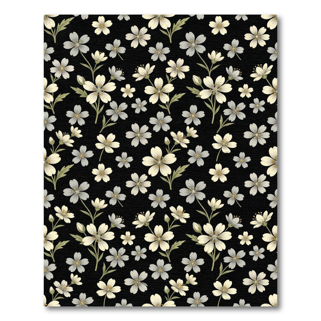 Black White Floral Sprig Accents Rug