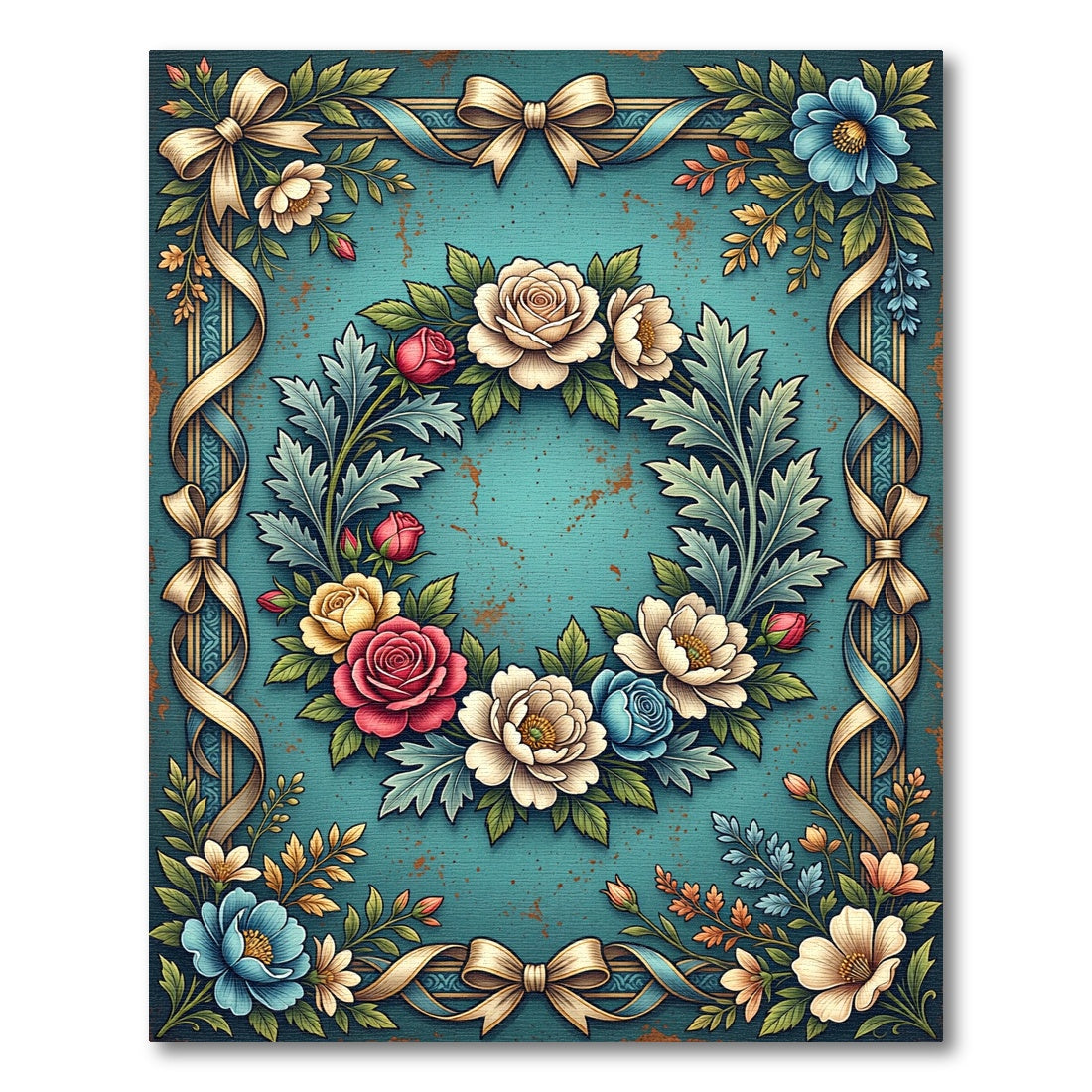 Floral Wreath with Golden Bows Rug