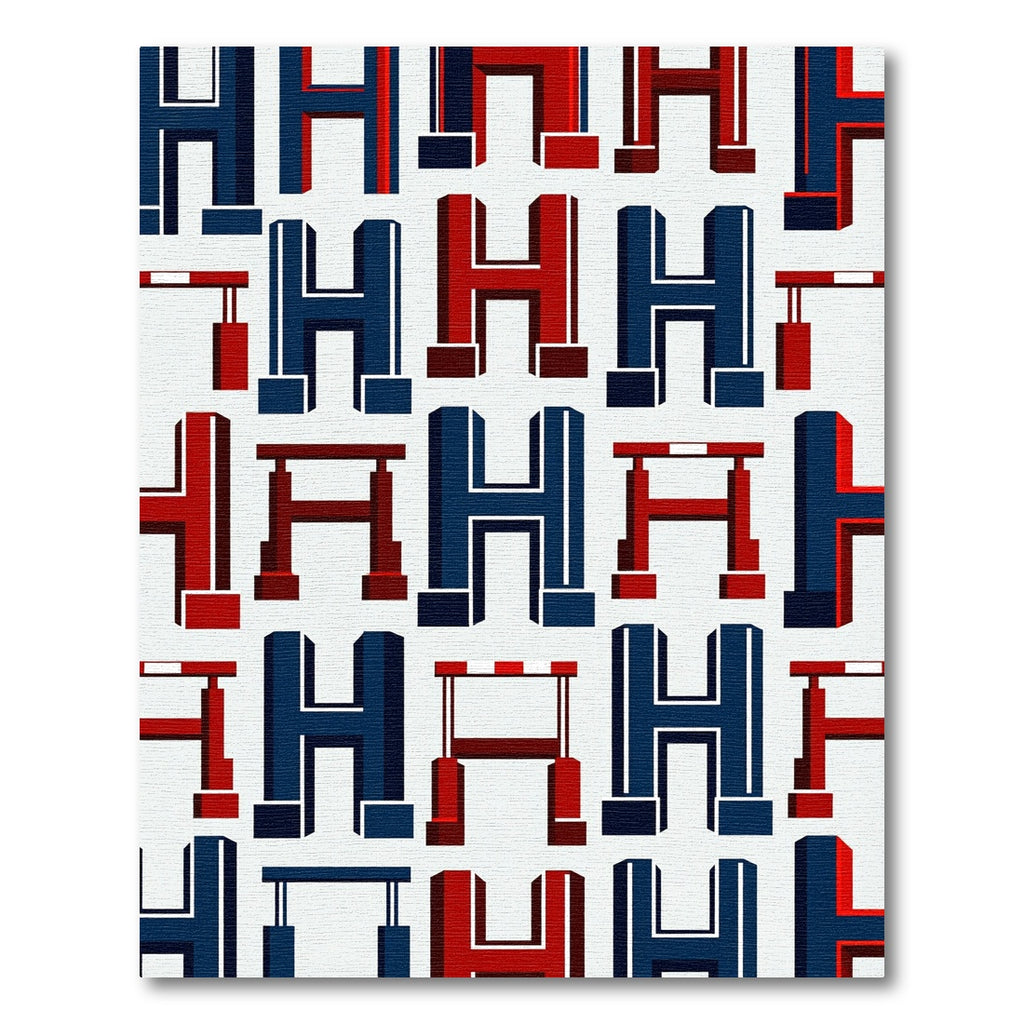 Geometric Navy and Crimson Letter H Rug