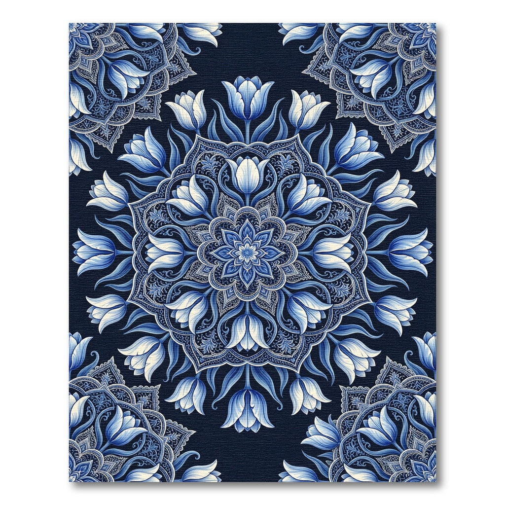 Cobalt Blue Tulips Mandala Circular Art Rug