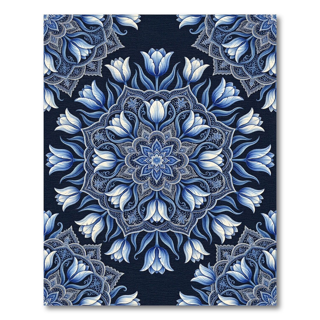 Cobalt Blue Tulips Mandala Circular Art Rug