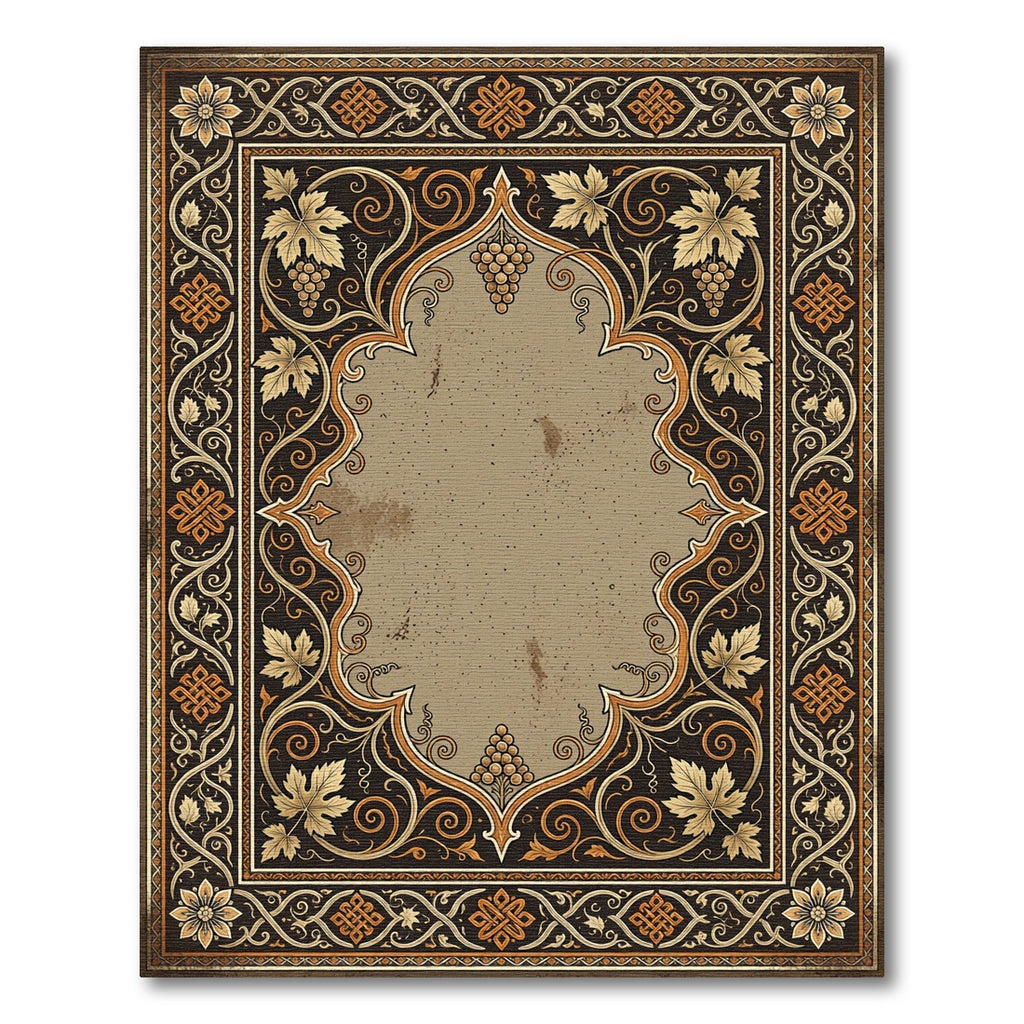 Ornate Golden Grapevine Dark Bordered Frame Rug