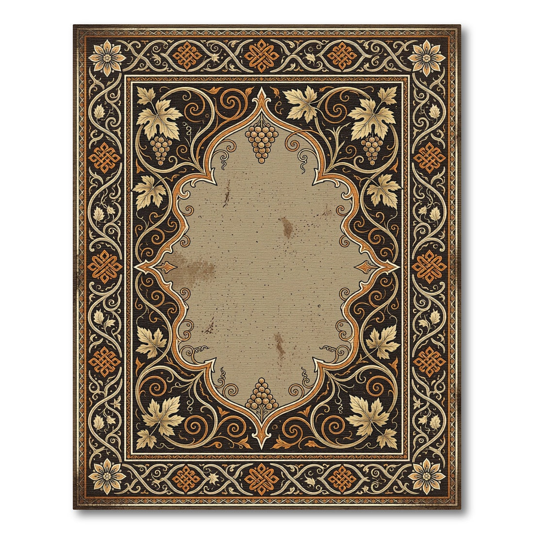 Ornate Golden Grapevine Dark Bordered Frame Rug