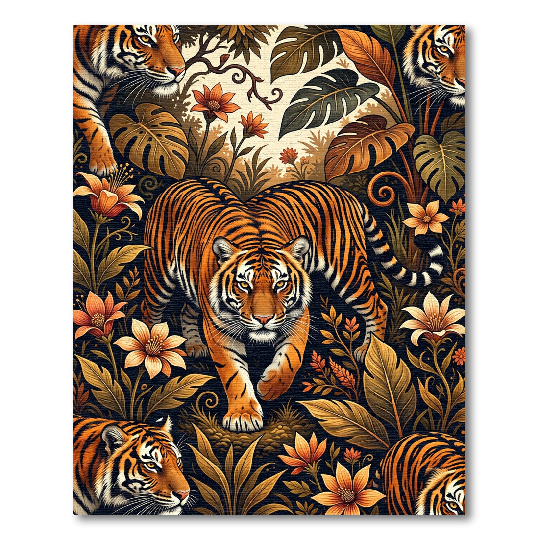 Majestic Tiger and Tropical Floral Jungle Rug