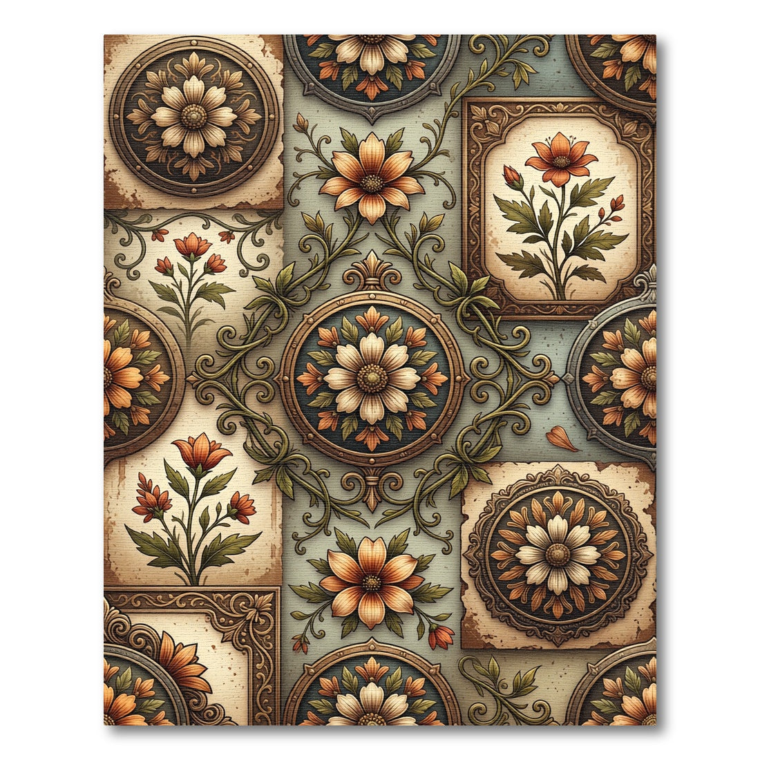 Vintage Floral Medallion Earthy Botanical Rug