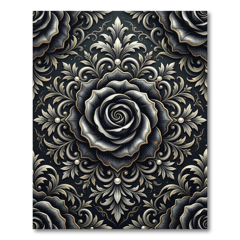 Gothic Black Rose Silver Filigree Rug