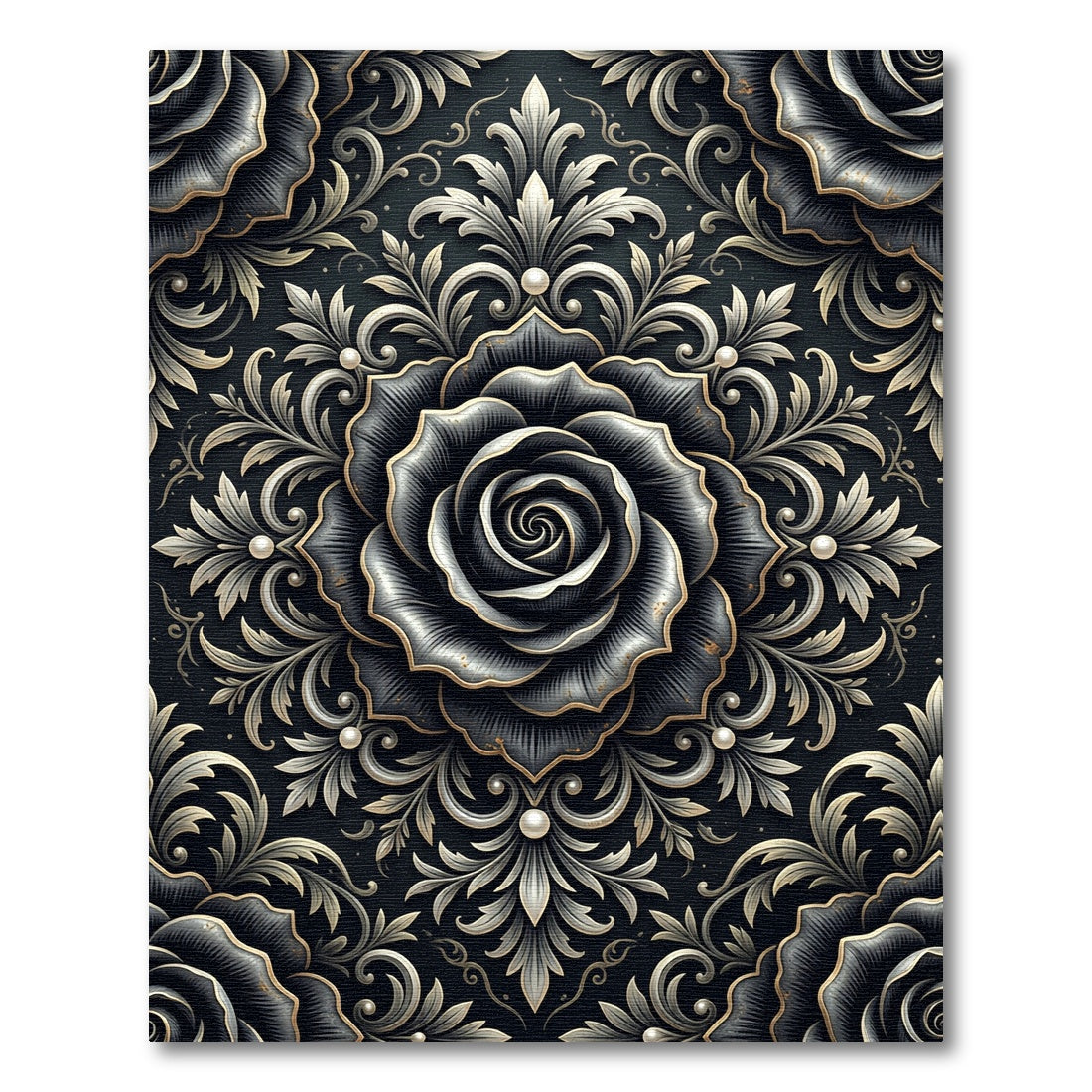Gothic Black Rose Silver Filigree Rug