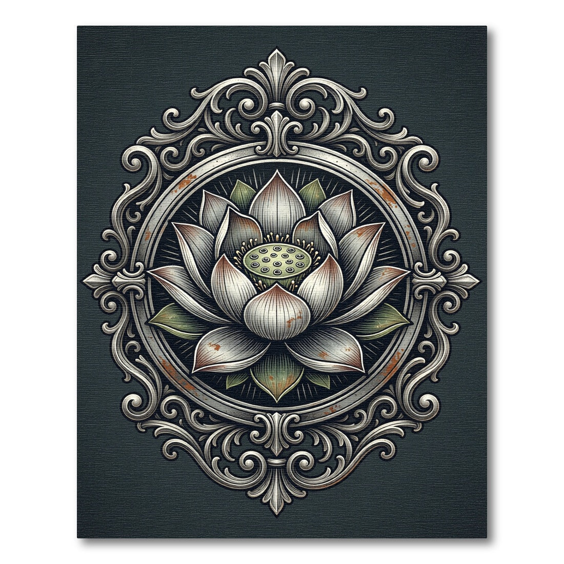Antique Silver Lotus Medallion Artwork Rug