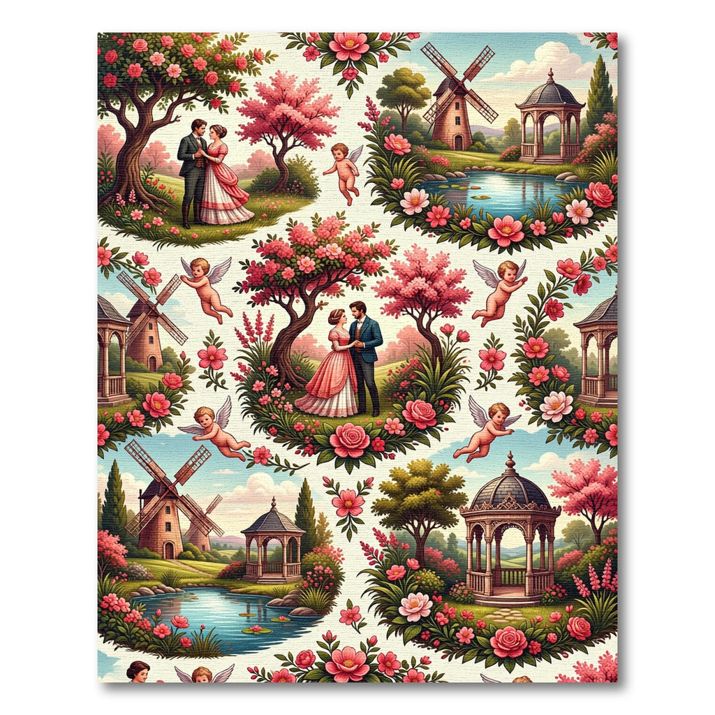 Romantic Couple Pink Floral Garden Scene Rug