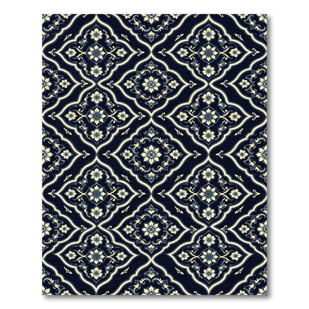 Dark Navy Cream Floral Filigree Trellis Rug