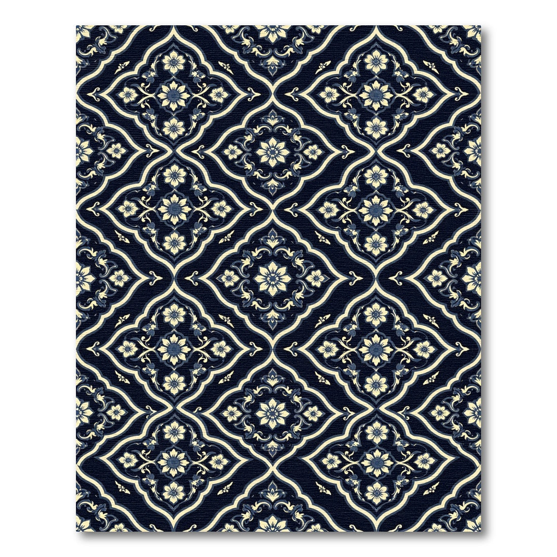 Dark Navy Cream Floral Filigree Trellis Rug