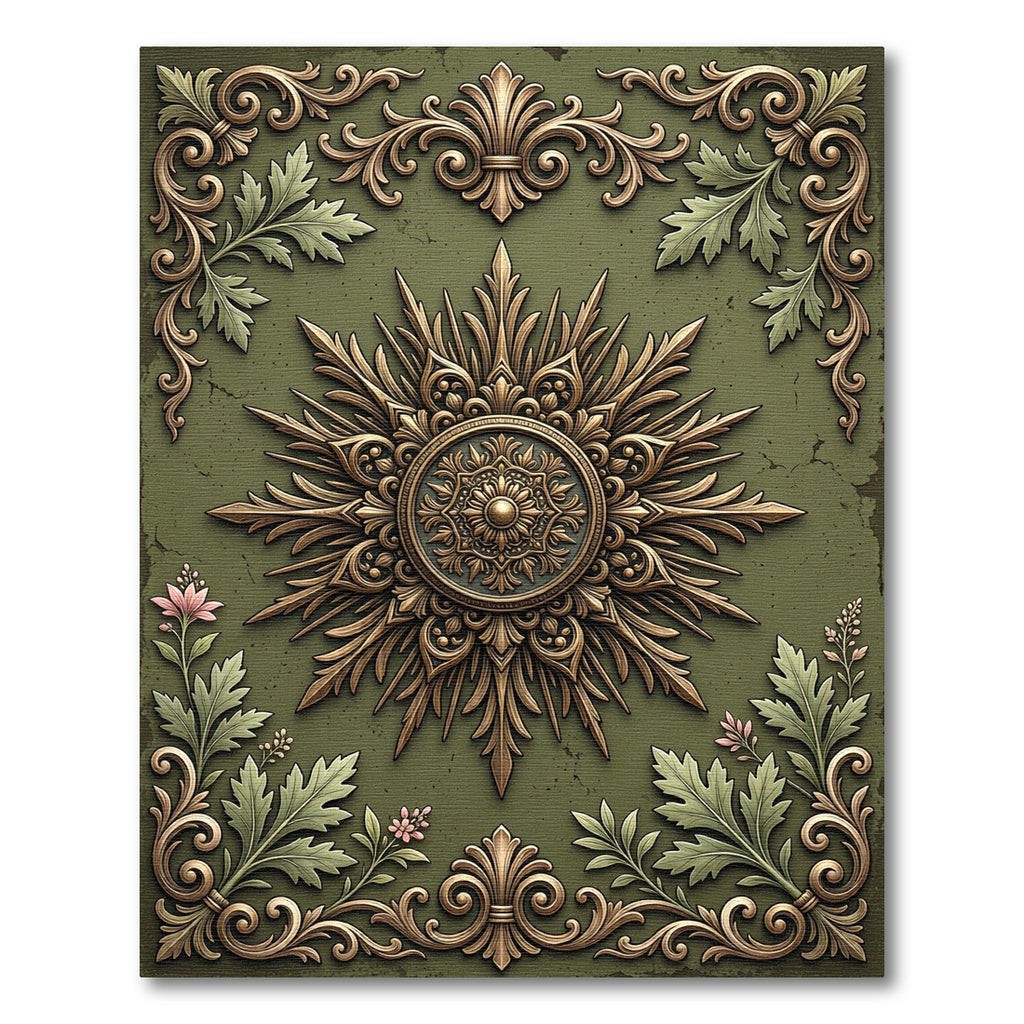 Ornate Golden Sunburst Sage Filigree Rug
