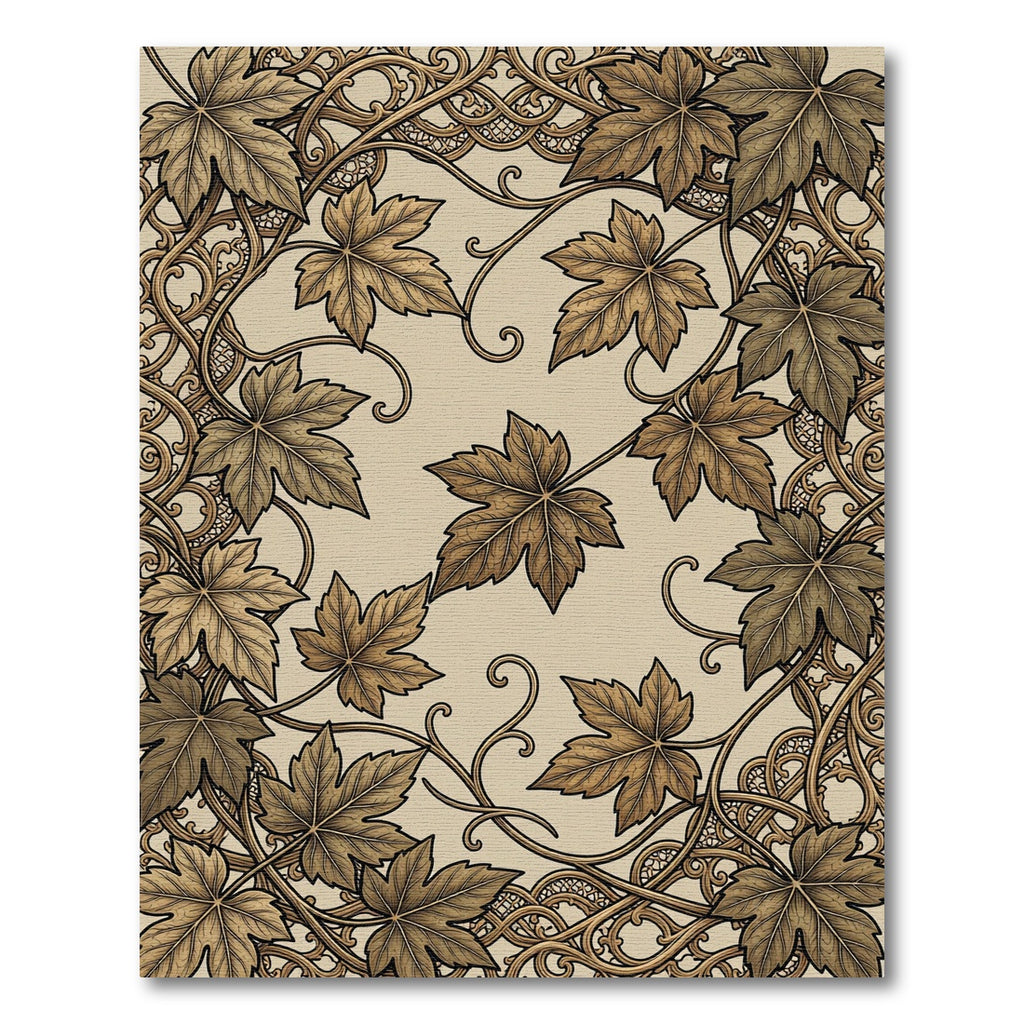 Elegant Sepia Maple Leaf Scroll Work Rug