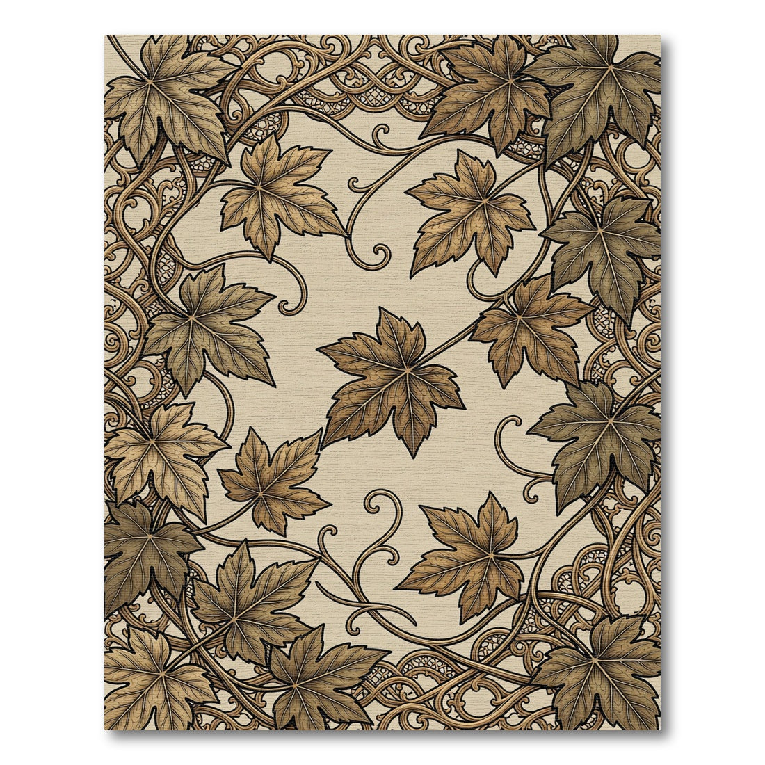 Elegant Sepia Maple Leaf Scroll Work Rug